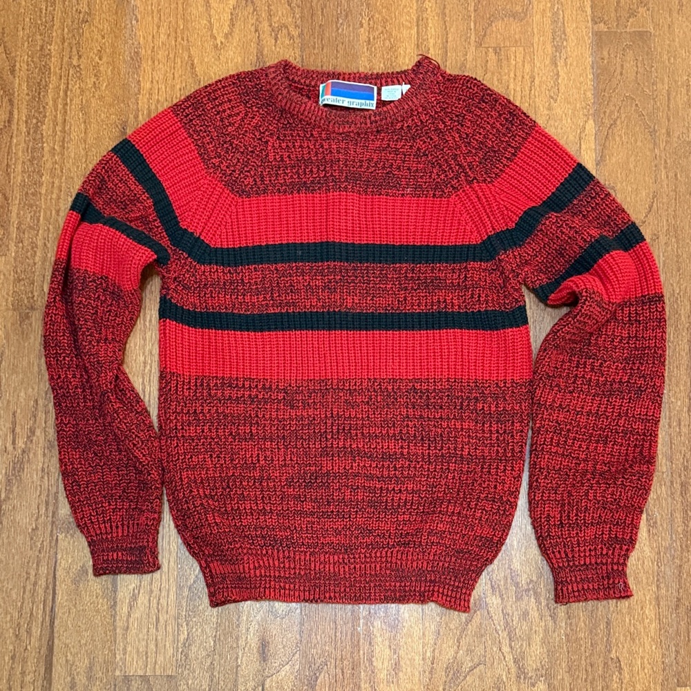 Stylish Red and Black Striped Crewneck Sweater